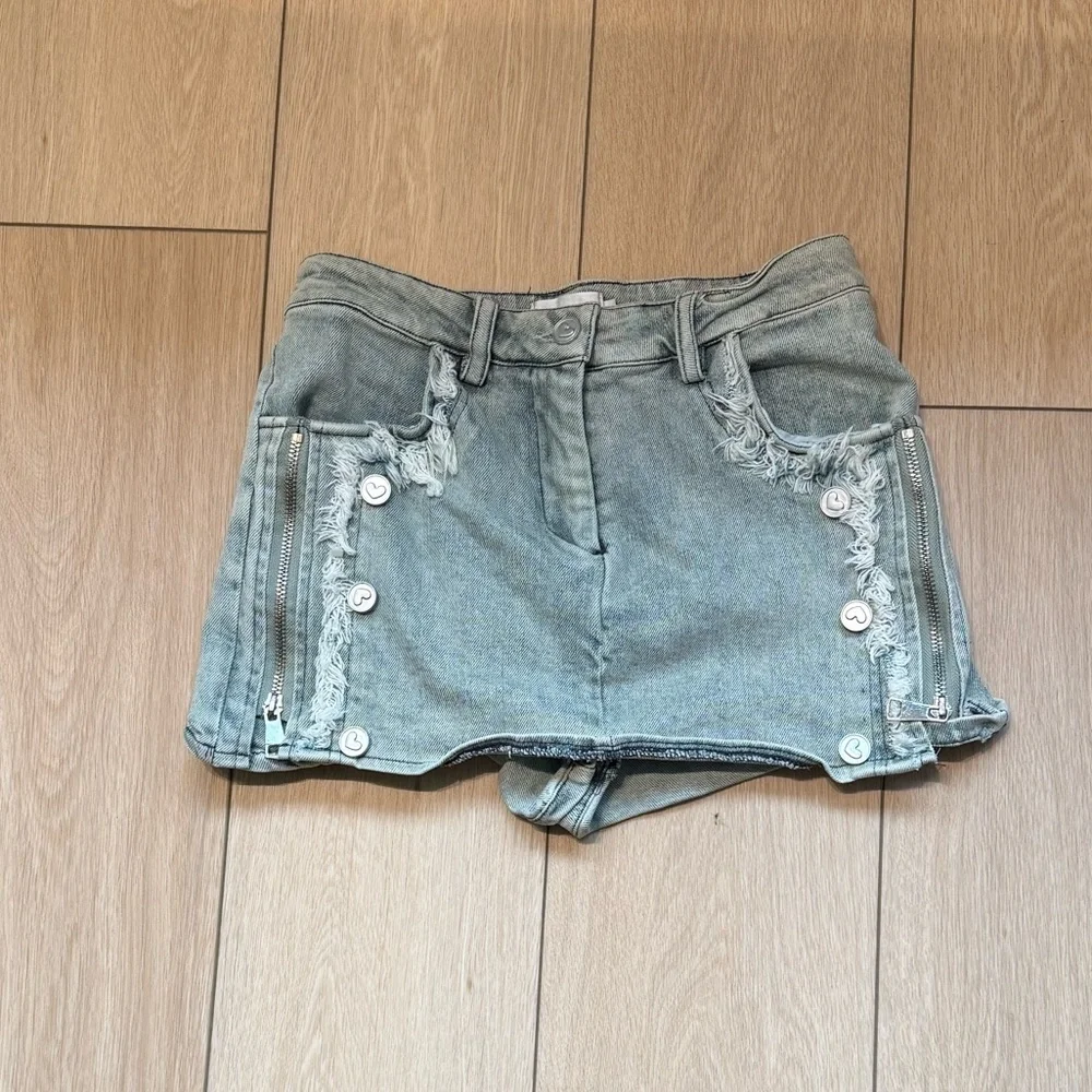 Denim Distressed Mini Skort with Heart Button Details - Size S